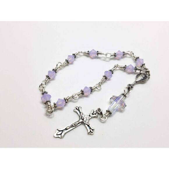 Wire-wrapped Handmade One Decade Rosary, Lilac Opal Crystal Beads - Picture 8 of 10